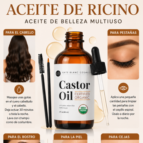 Aceite de ricino orgánico 100% puro, prensado en frío, frasco de 60 ml para cabello, cejas y piel — Quiseya RD