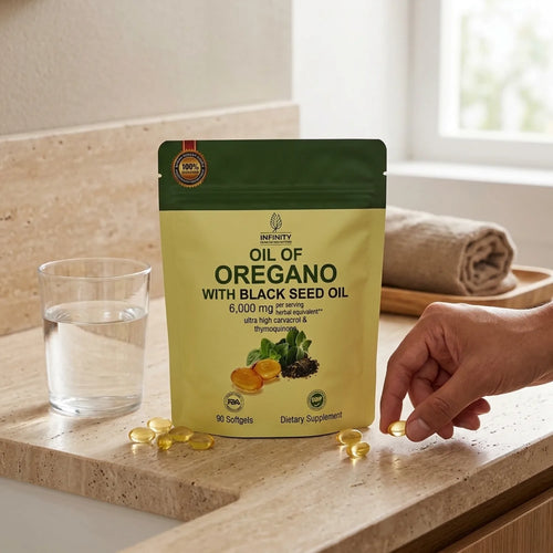 Aceite de orégano Infinity en la mano junto a un vaso de agua — Quiseya